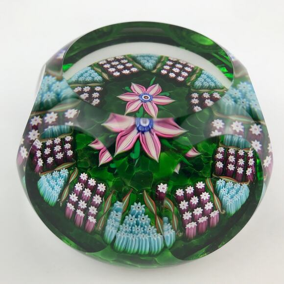 Perthshire 1981B Faceted Lampwork Flower and Millefiori Panel Twist Paperweight - Picture 2 of 14
